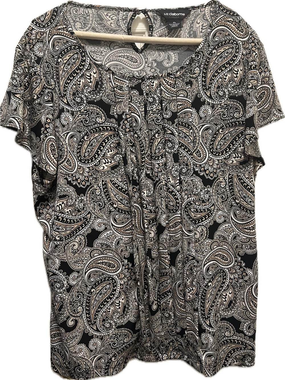 Liz Claiborne XL Black Paisley Keyhole Tie Blouse